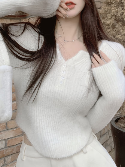 Sixsr Solid Button Up Pullover Sweater, Casual Long Sleeve Hanky Hem Sweater, Women's Clothing