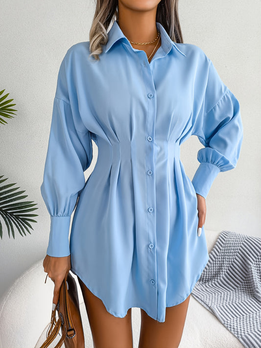 Sixsr Lantern Sleeve Pleated Waist Dress, Casual Shirt Dress For Spring & Fall, Women's Clothing