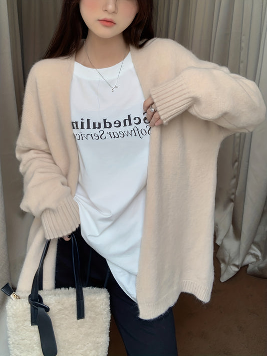 Sixsr Solid Open Front Knit Cardigan, Casual Long Sleeve Drop Shoulder Loose Sweater, Women's Clothing