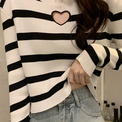 Women's Striped Crew Neck Cut Out Sweater - Comfortable and Stylish Long Sleeve Sweater for Spring and Fall