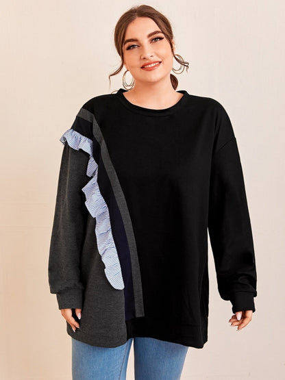 Sixsr Women's Plus Size Colorblock Ruffle Trim Sweatshirt, Casual Crew Neck Long Sleeve Spring Fall Tops Pullovers