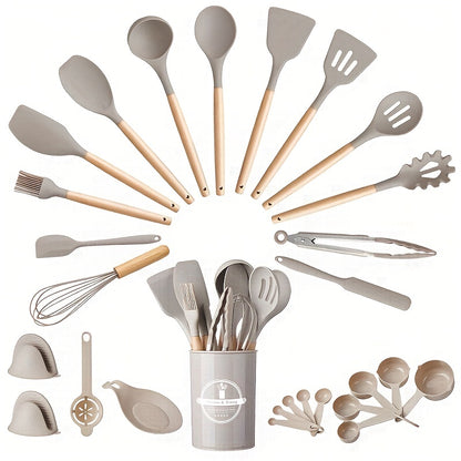 28pcs/set, Non-Stick Silicone Utensil Set with Wooden Handle - Perfect for Cooking, Kitchen, and Dorm Essentials