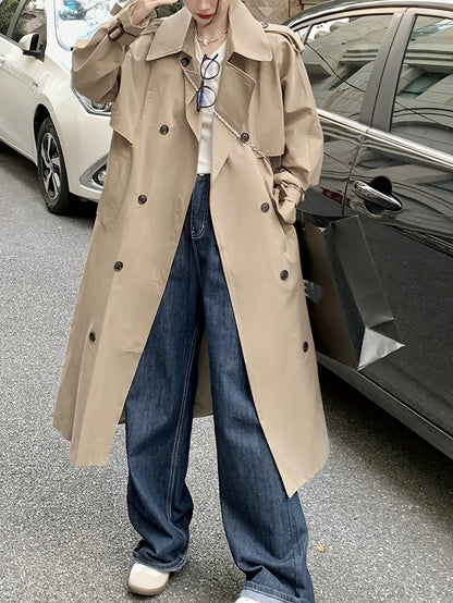 Sixsr Double Breasted Long Length Trench Coat, Casual Solid Long Sleeve Outerwear, Women's Clothing