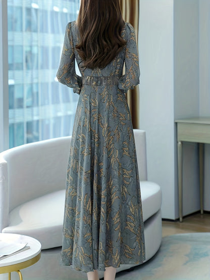 Sixsr Floral Pattern Midi Dress, Vintage V Neck Long Sleeve Dress, Women's Clothing