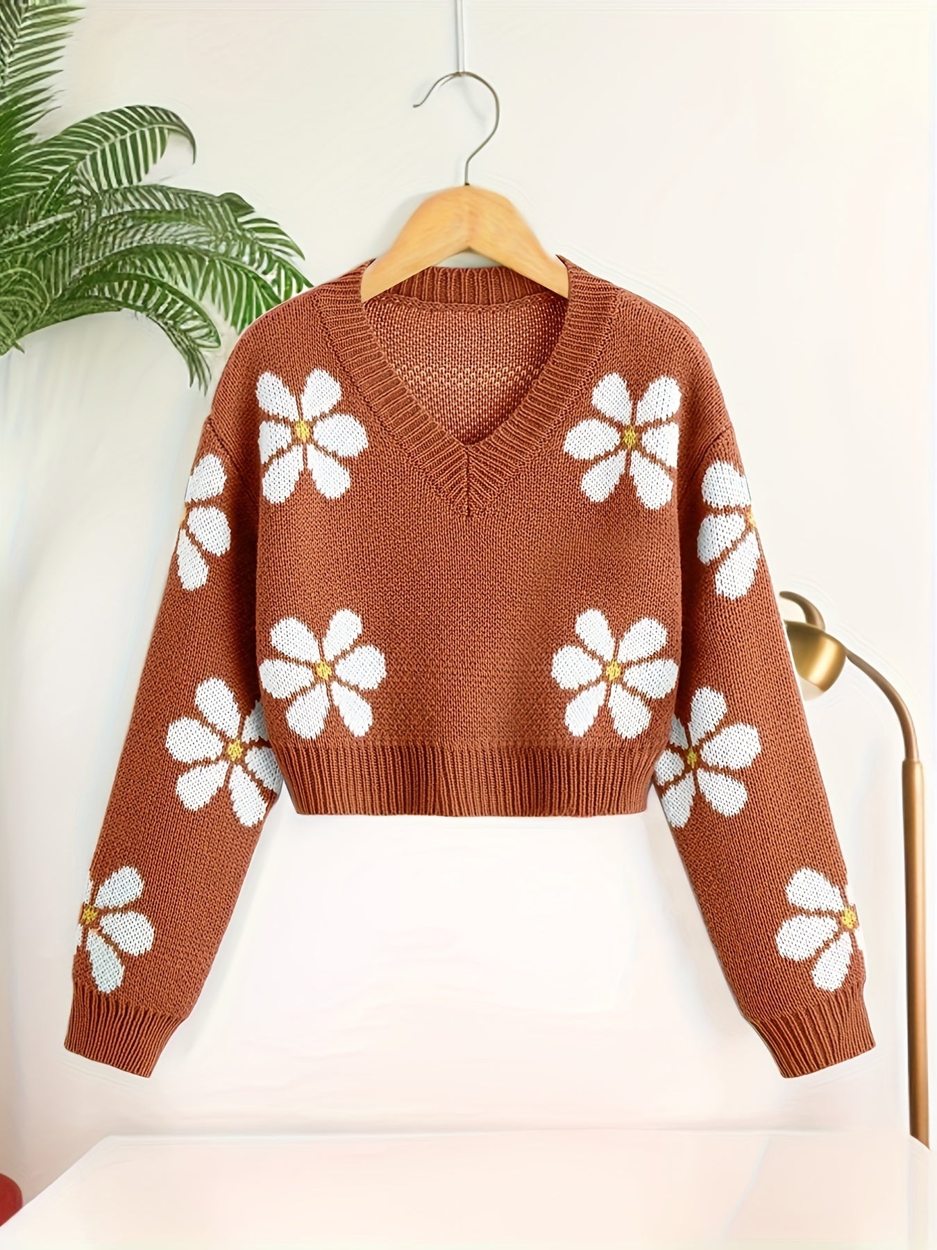 Sixsr Floral Jacquard Girls Drop Shoulder V-neck Knitted Sweater For Fall Winter