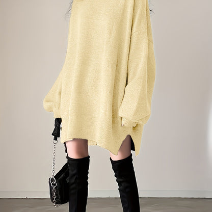 Sixsr Solid Turtle Neck Oversized Sweater, Casual Long Sleeve Split Sweater, Women's Clothing