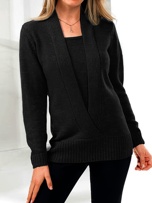 Sixsr Solid Rib Knit Sweater, Casual Long Sleeve Versatile Sweater, Women's Clothing