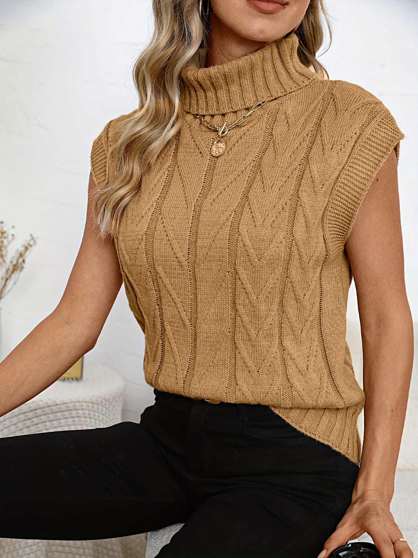 Sixsr Solid Turtle Neck Cable Knit Vest, Casual Sleeveless Loose Sweater, Women's Clothing