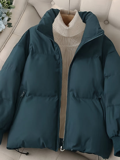 Sixsr Solid Zip Front Coat, Casual Stand Collar Long Sleeve Fall & Winter Warm Outerwear, Women's Clothing
