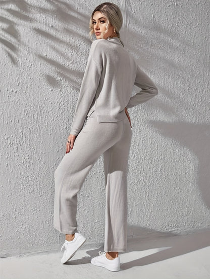 Women's two-piece Solid Casual Set - Stand Collar Long Sleeve Top & Wide Leg Pants Outfit for Comfortable & Stylish Look