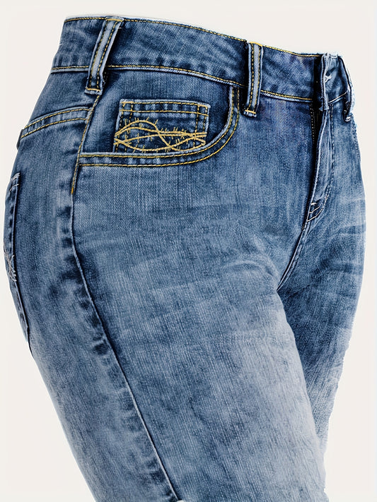 Sixsr Blue Whiskered Bootcut Jeans, Mid-Stretch Slant Pockets Mid Waist Versatile Denim Pants, Women's Denim Jeans & Clothing