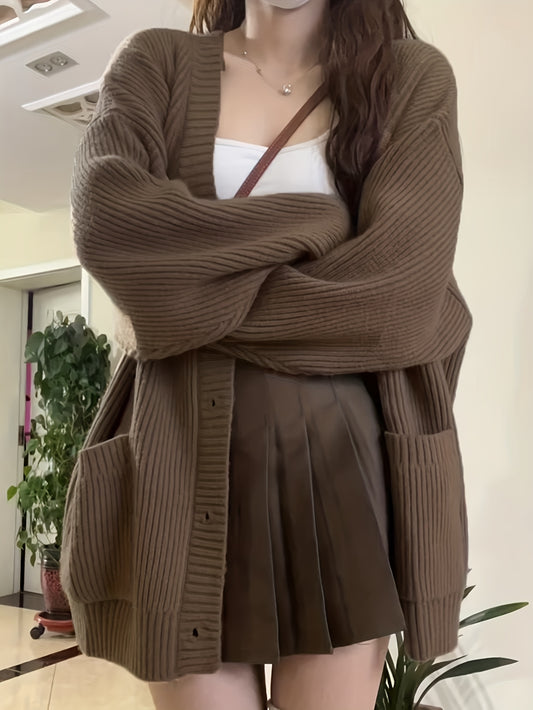 Sixsr Button Front Loose Knitted Cardigan Sweater, Casual Sweater With Pockets For Fall & Winter, Women's Clothing