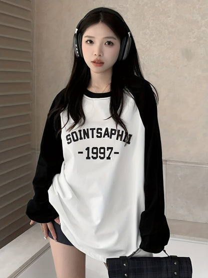 Sixsr Letter Print Color Block T-shirt, Casual Raglan Sleeve Crew Neck Top, Women's Clothing