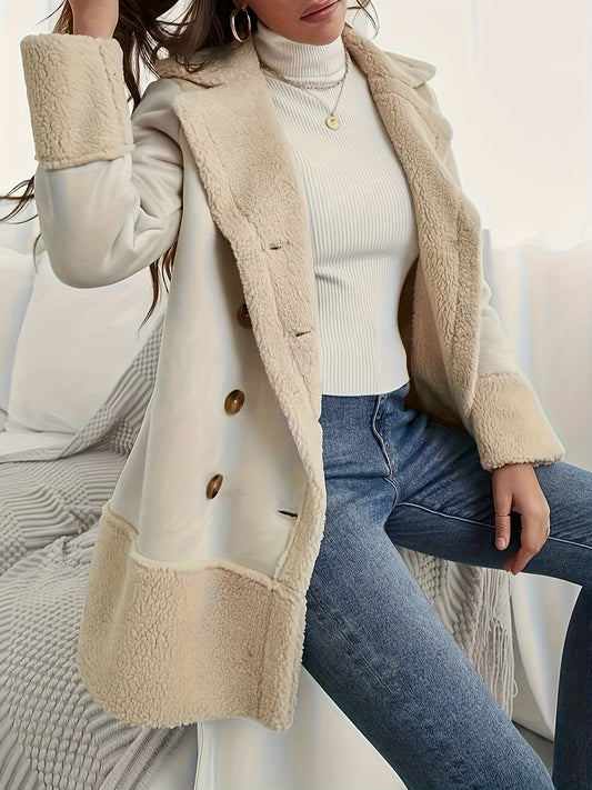 Sixsr Fuzzy Trim Double Breasted Coat, Elegant Long Sleeve Warm Outerwear, Women's Clothing