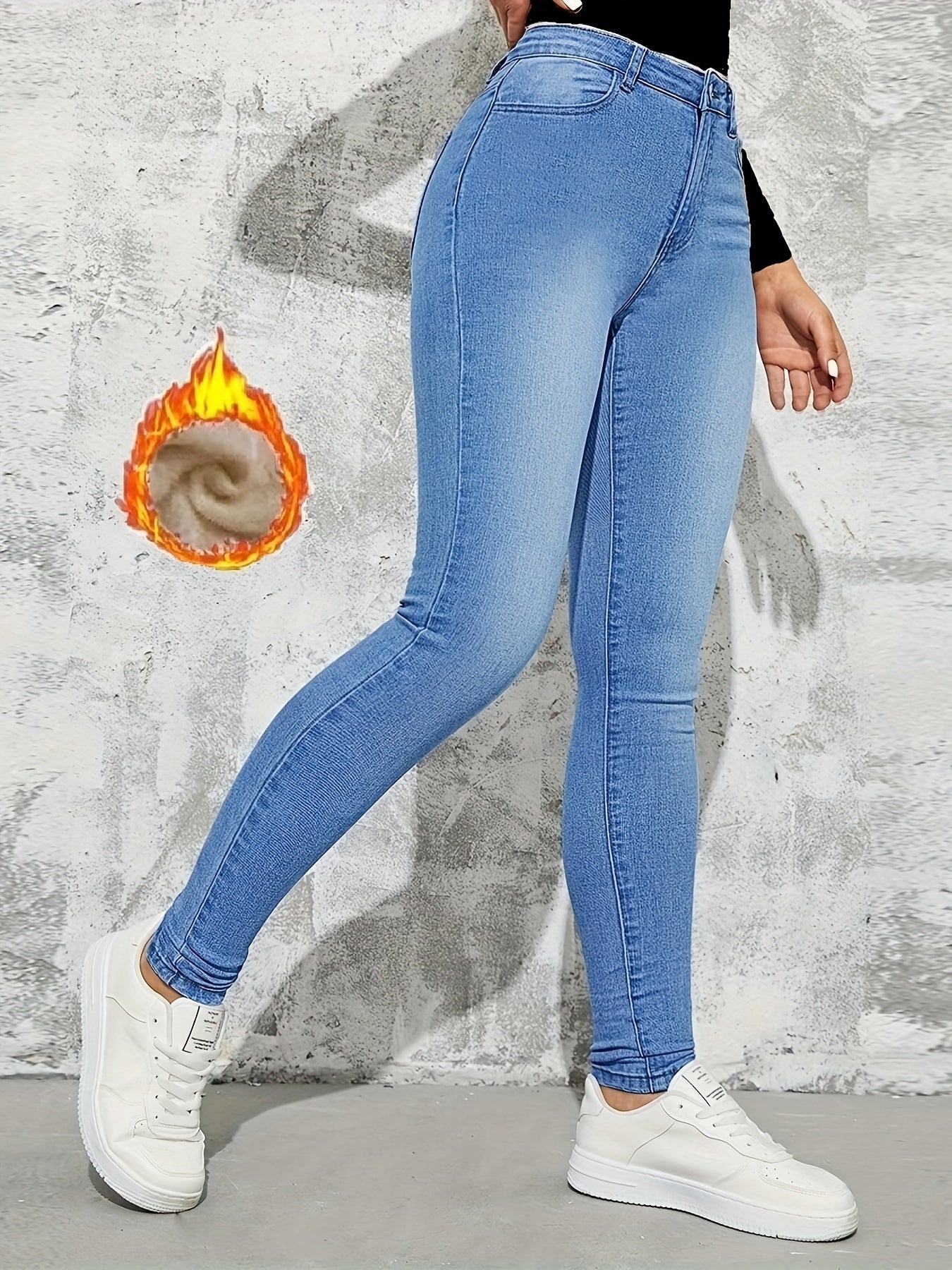 Sixsr Slim Fit Casual Skinny Jeans, Fleece Liner High Stretch Keep Warm Tight Jeans, Women's Denim Jeans & Clothing