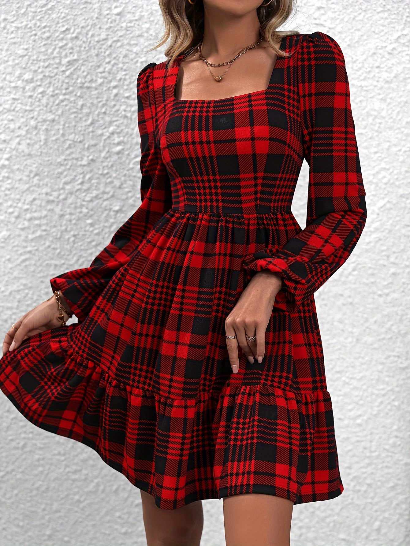 Sixsr Plaid Pattern Square Neck Dress, Vintage Lantern Sleeve Dress For Spring & Fall, Women's Clothing