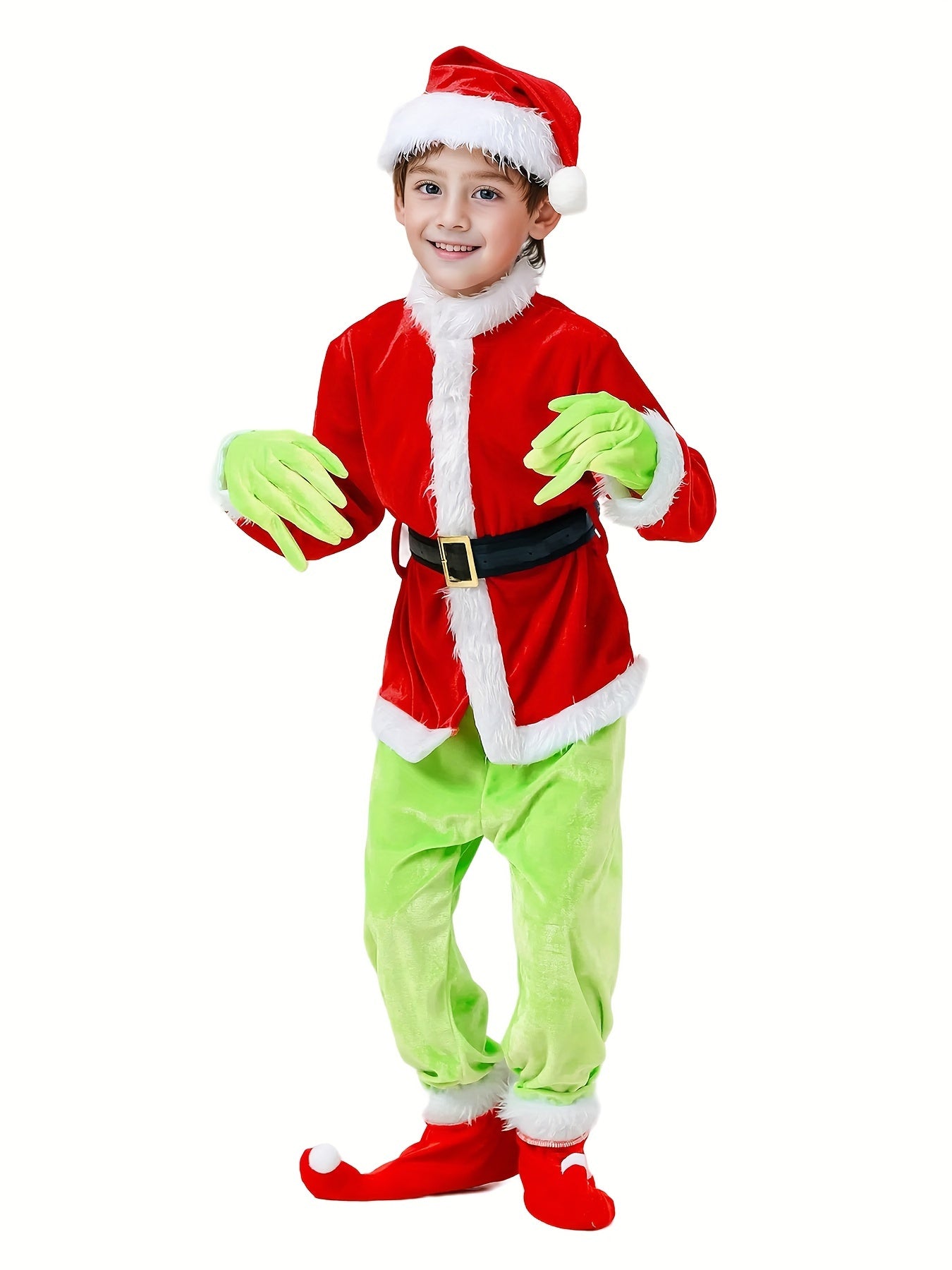 Kids Polyester Santa Elf Outfit with Green Monster Pants, Long Sleeve, Traditional Christmas Party Roleplay Apparel with Cardigan Collar - Knit Fabric & Slight Stretch for All Seasons