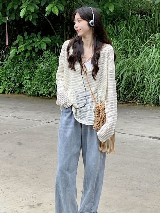 Sixsr Cutout Solid V Neck Cover Up Top, Casual Long Sleeve Top For Spring & Summer, Women's Clothing