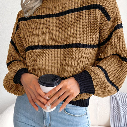 Sixsr Striped Color Block Crew Neck Sweater, Casual Long Sleeve Loose Fall Winter Knit Sweater, Women's Clothing