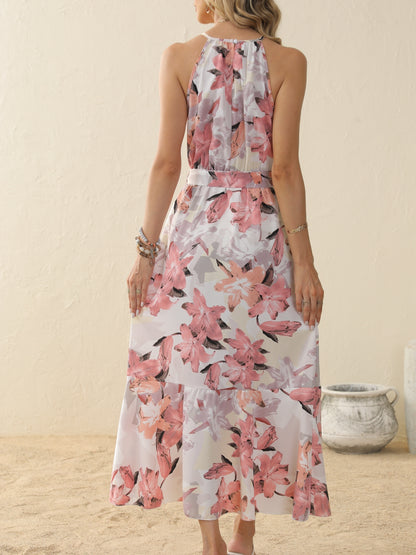 Floral Print Halter Neck Dress, Vacation Sleeveless High Waist Maxi Dress, Women's Clothing