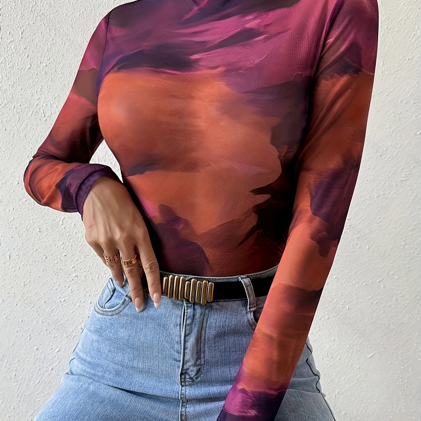 Sixsr  Tie Dye Mock Neck Top, Versatile Long Sleeve Top For Spring & Fall, Women's Clothing