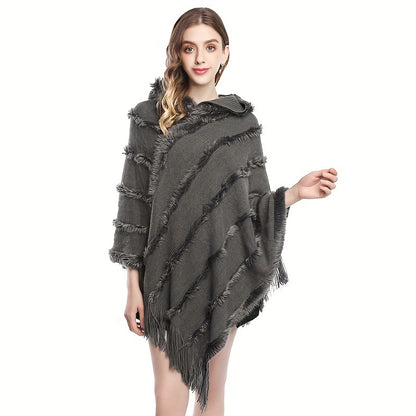 Sixsr Loose Knit Hooded Pullover Poncho Large Solid Color Batwing Tassel Shawl Autumn Winter Travel Outside Windproof Cape