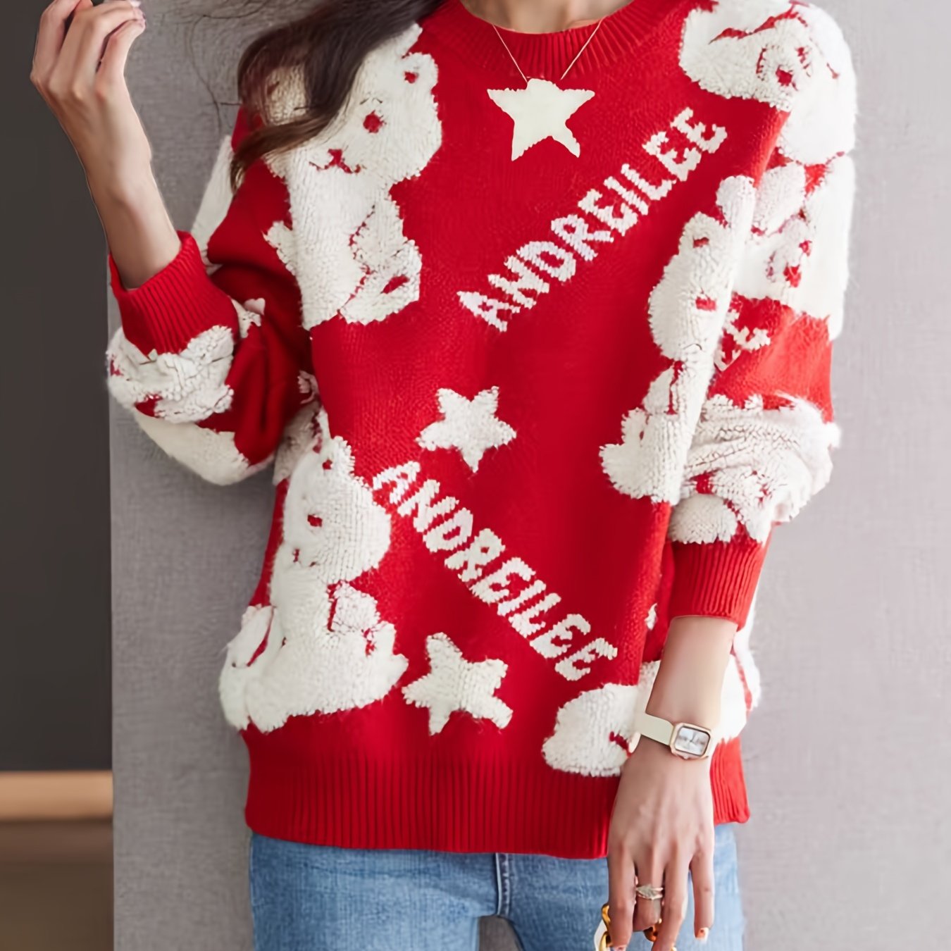 Sixsr Cartoon Dragon Pattern Pullover Sweater, Casual Crew Neck Long Sleeve Thick Sweater, Women's Clothing