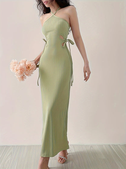 Sixsr  Halter Neck Hollow Solid Dress, Elegant Sleeveless Bodycon Party Dress, Women's Clothing