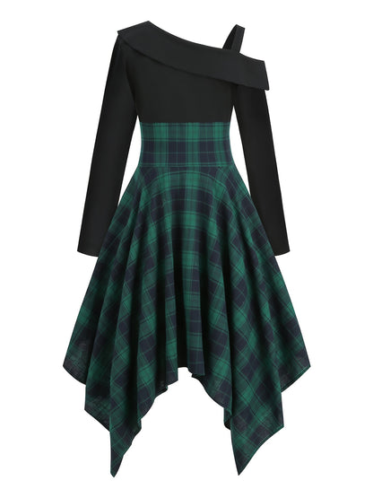 Plaid Asymmetrical Hem Dress, Vintage Cold Shoulder Long Sleeve Dress, Women's Clothing