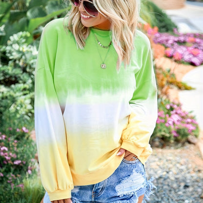 Gradient Tie Dye T-Shirt, Long Sleeve Crew Neck Casual Top For Spring & Fall, Women's Clothing