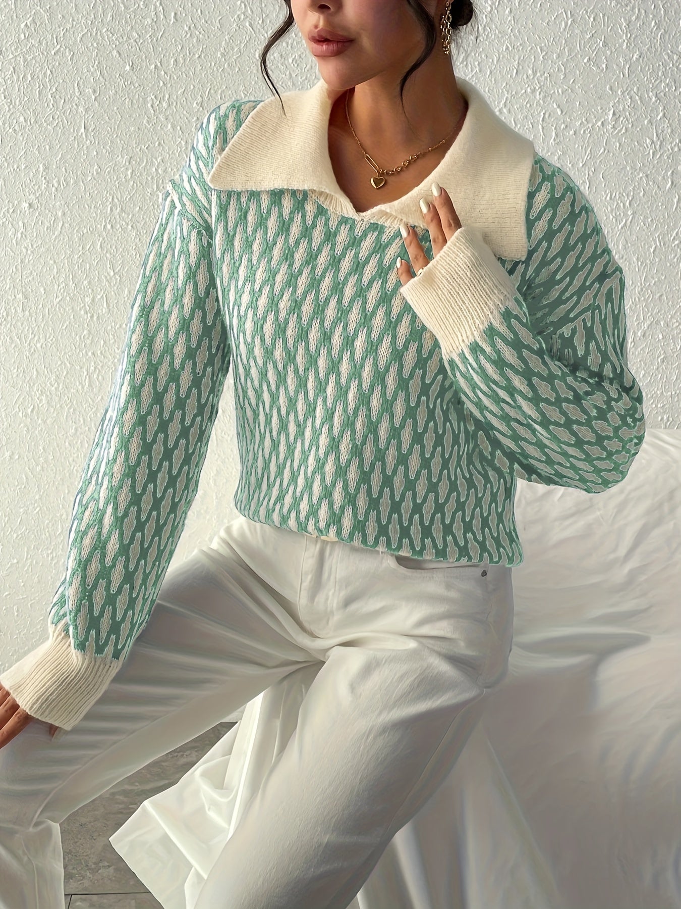 Sixsr Allover Pattern Flat Collar Pullover Sweater, Casual Long Sleeve Sweater, Women's Clothing