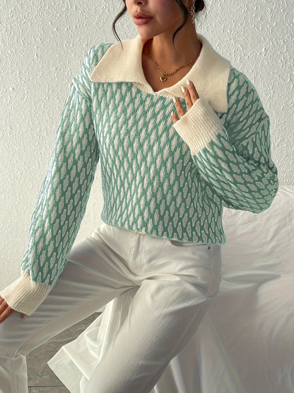 Sixsr Allover Pattern Flat Collar Pullover Sweater, Casual Long Sleeve Sweater, Women's Clothing