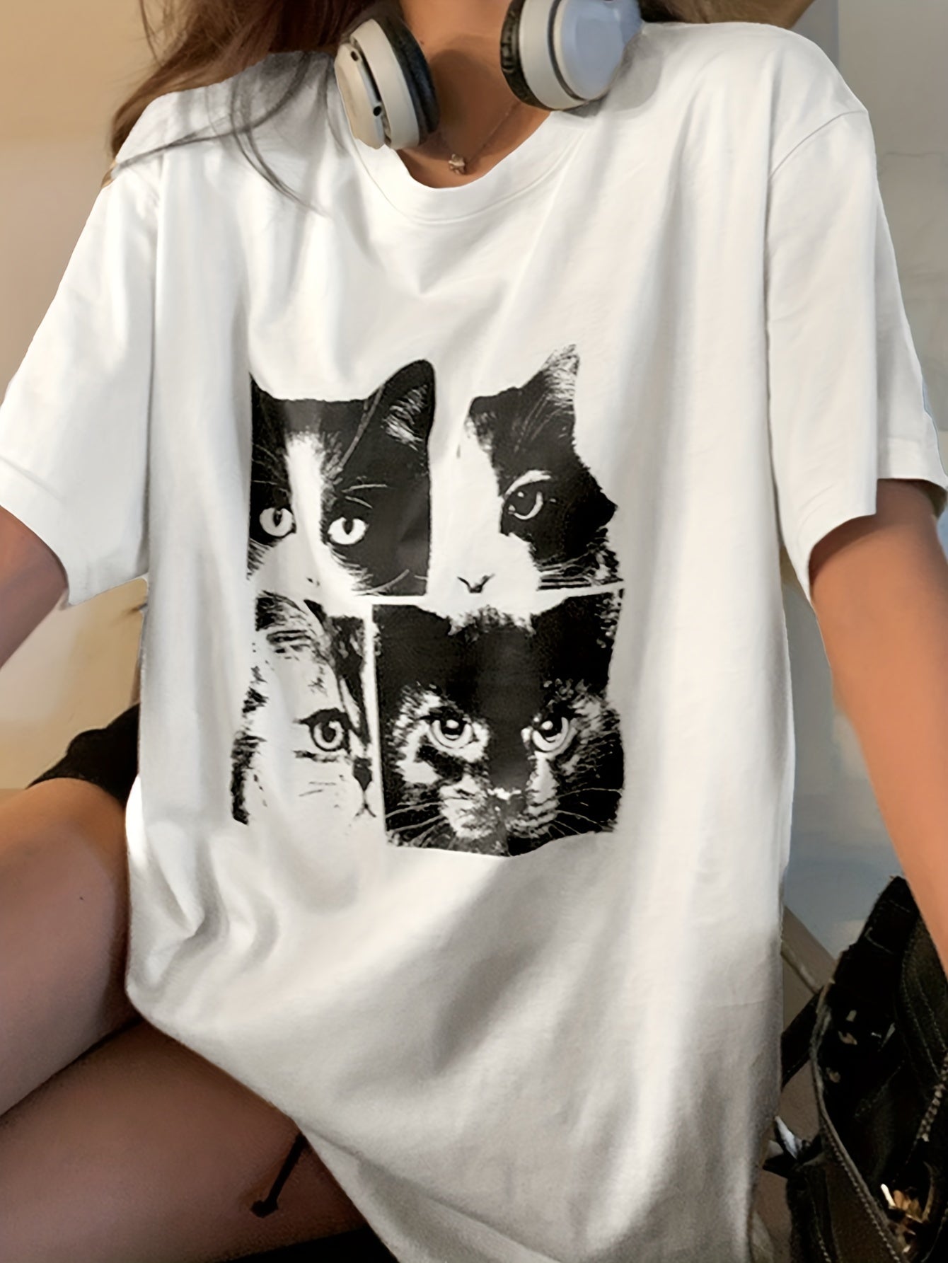 Sixsr Cat Print Crew Neck T-Shirt, Y2K Short Sleeve T-Shirt For Spring & Summer, Women's Clothing