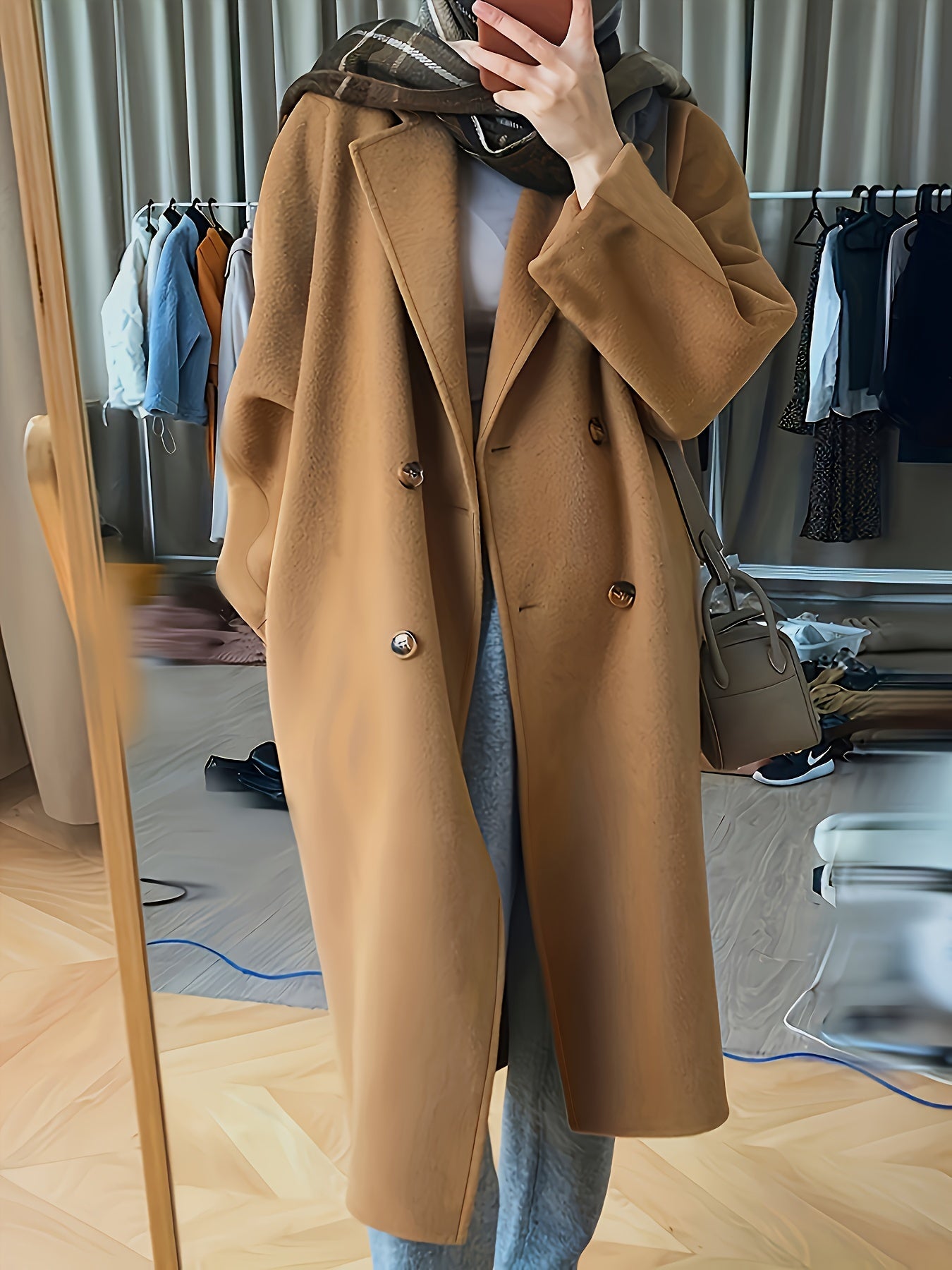 Sixsr Solid Color Double Breasted Lapel Neck Coat, Elegant Loose Long Sleeve Coat For Fall, Women's Clothing