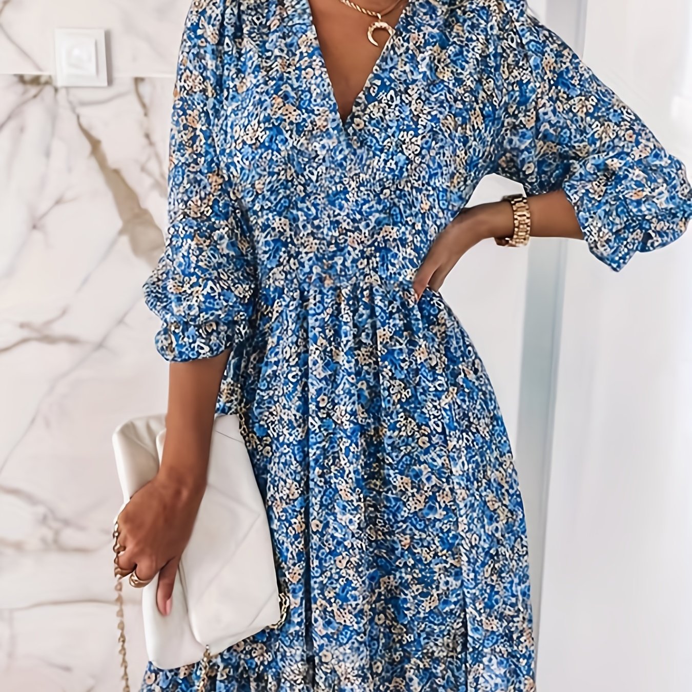 Floral Print Shirred Waist Dress, Casual V Neck Dress For Spring & Summer, Women's Clothing