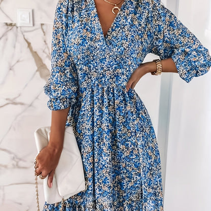 Floral Print Shirred Waist Dress, Casual V Neck Dress For Spring & Summer, Women's Clothing