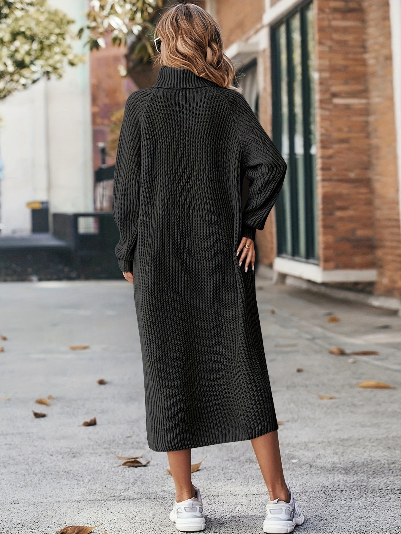 Sixsr Turtleneck Ribbed Sweater Dress, Casual Solid Long Sleeve Midi Dress, Women's Clothing