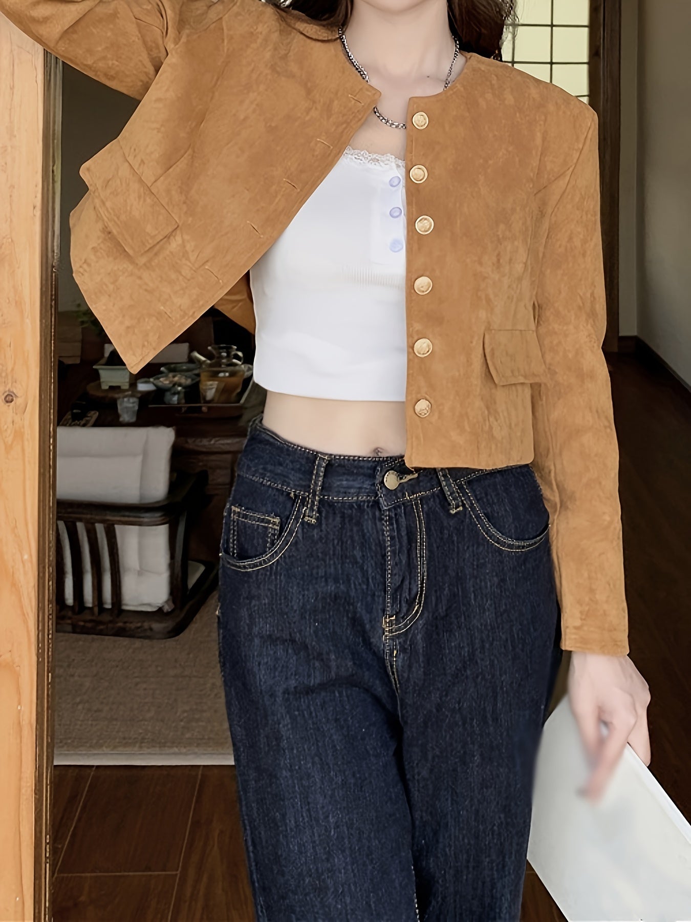 Sixsr Solid Color Button Front Jacket, Chic Long Sleeve Cardigan, Women's Clothing