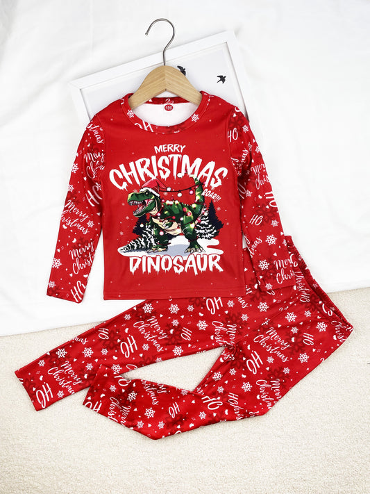 Boys/Girls Long Sleeve Top Long Pants Clothes Set, New Year Red Festival Christmas Dinosaur Print Windproof Warm Fleece High Elasticity Comfortable And Soft Underwear Set For Autumn/ Winter