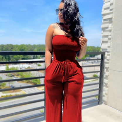 Sixsr Drawstring Shirred Tube Jumpsuit, Casual Off Shoulder Wide Leg Jumpsuit, Women's Clothing