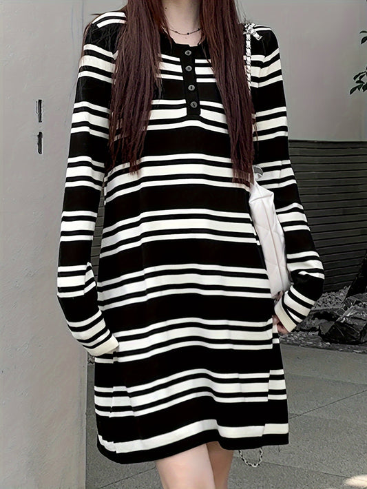 Sixsr Stripe Print Button Collared Dress, Casual Long Sleeve Loose Knit Dress, Women's Clothing