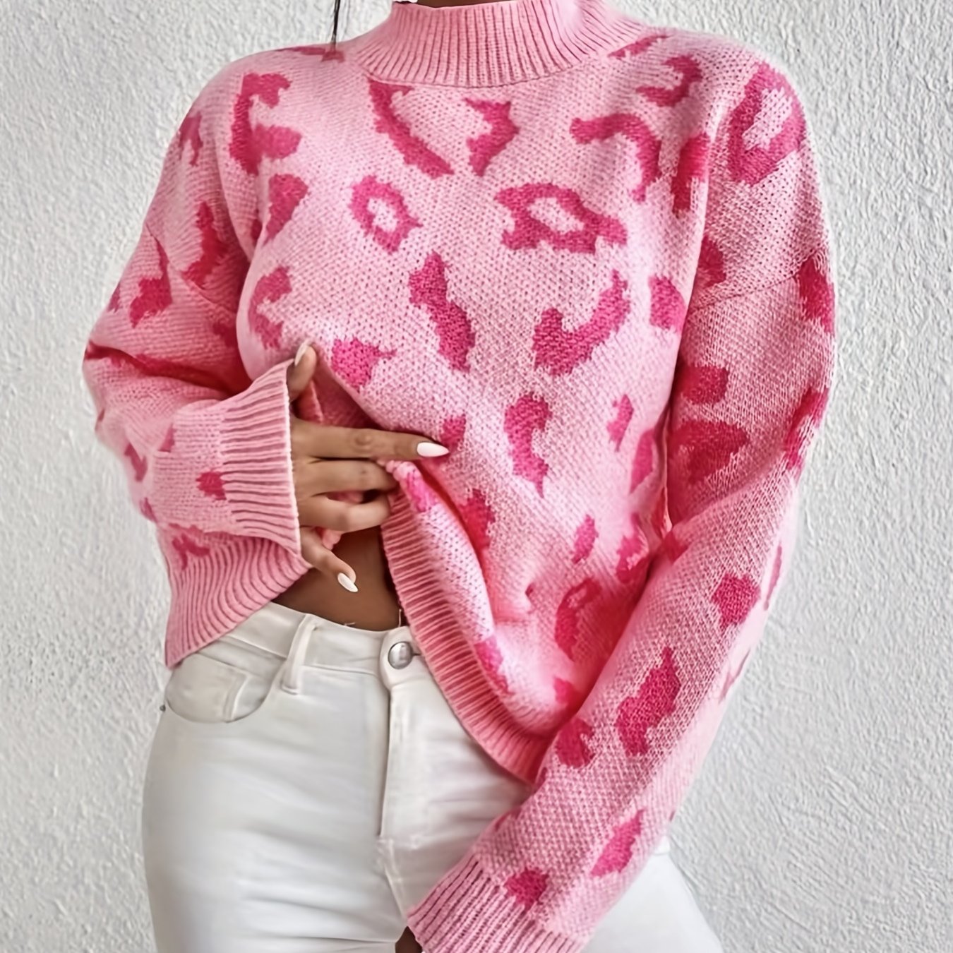 Sixsr Leopard Pattern Mock Neck Sweater, Casual Long Sleeve Sweater For Fall & Winter, Women's Clothing