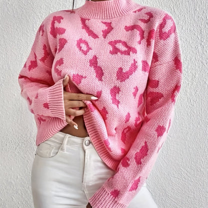 Sixsr Leopard Pattern Mock Neck Sweater, Casual Long Sleeve Sweater For Fall & Winter, Women's Clothing