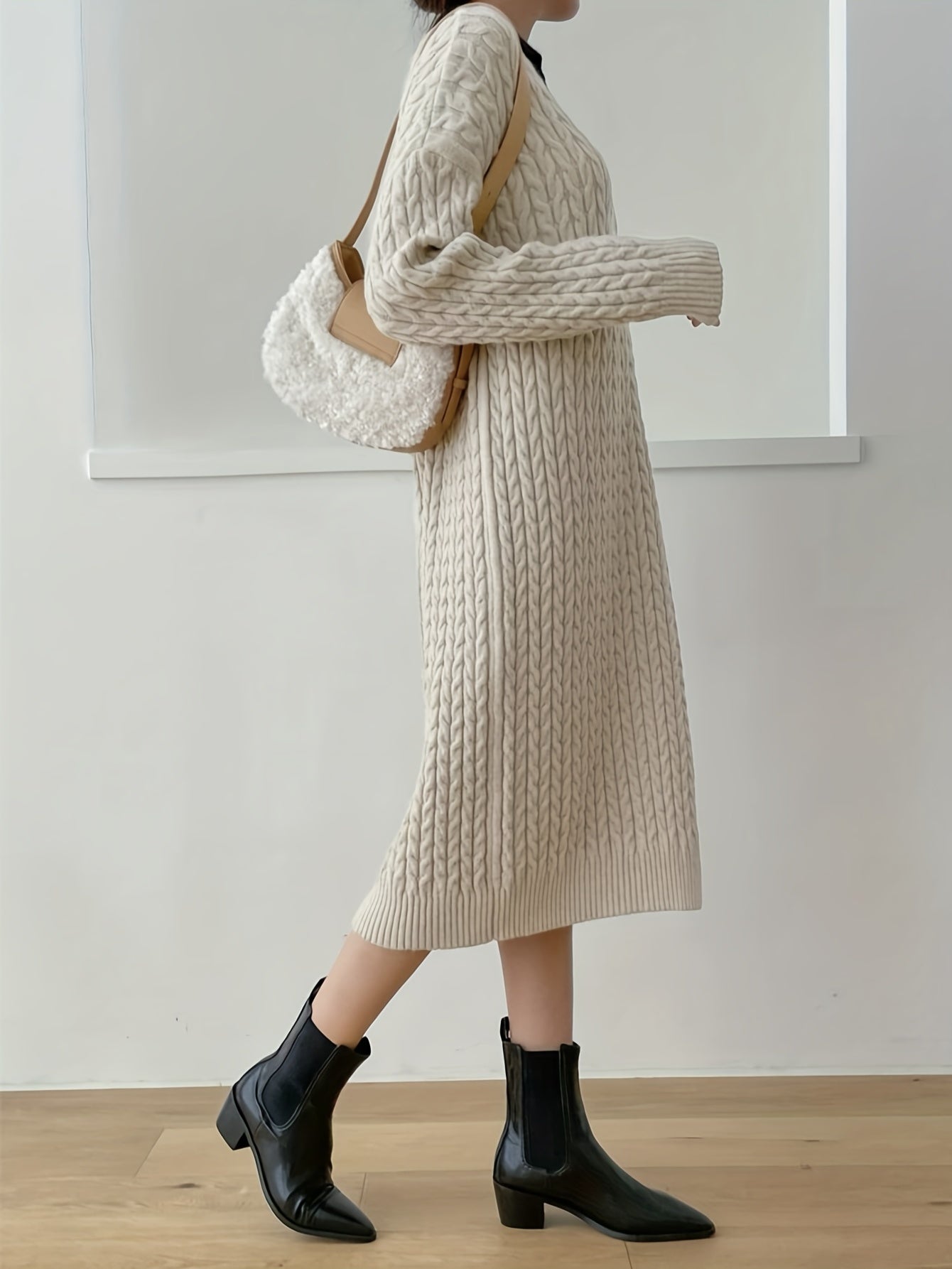 Cable Knit Sweater Dress, Vintage Elegant V Neck Long Sleeve Dress, Women's Clothing