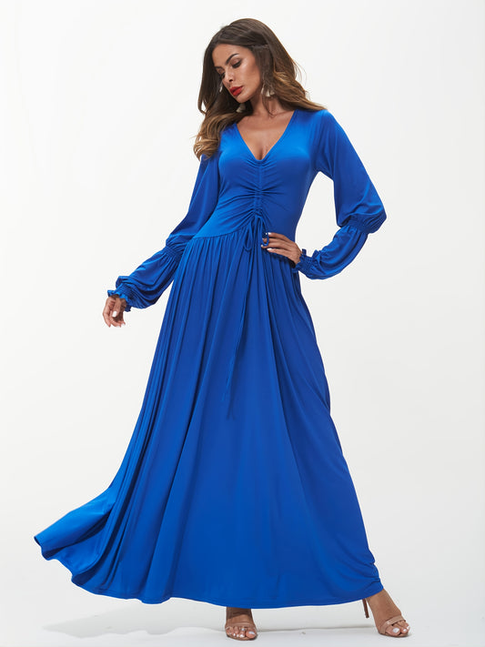 Sixsr Casual Drawstring Swing Long Dress, Long Sleeve V-neck Fashion Loose Dresses, Women's Clothing