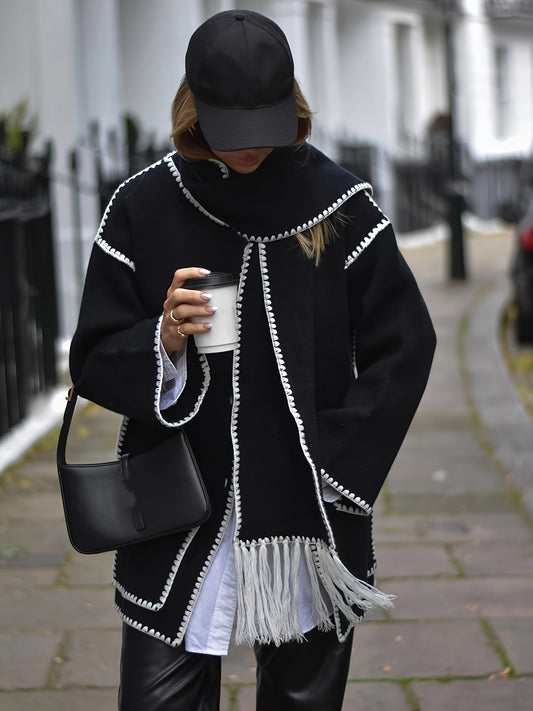 Sixsr Contrast Trim Patched Pockets Overcoat, Elegant Long Sleeve Fringe Scarf Outwear For Fall & Winter, Women's Clothing