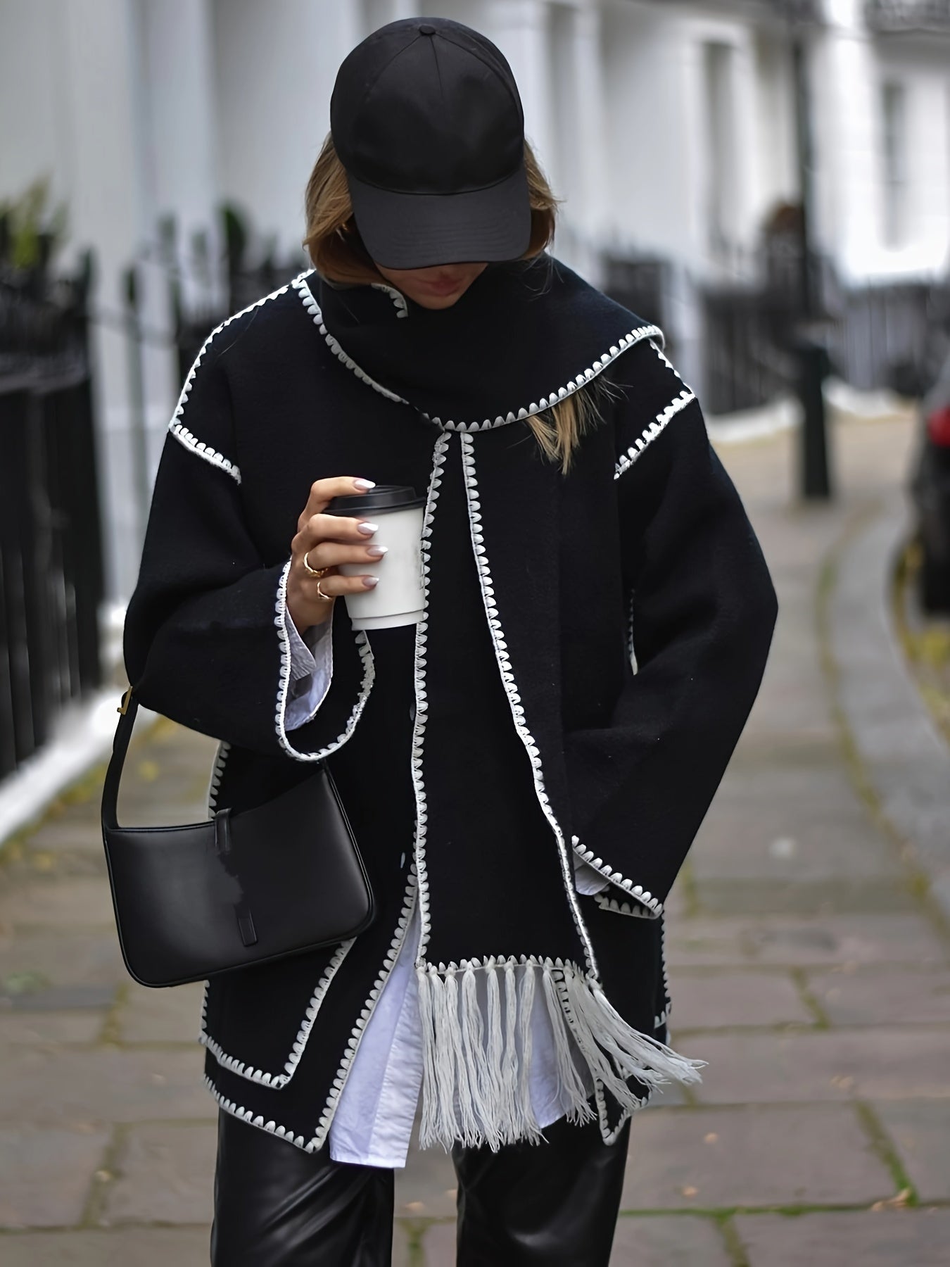 Sixsr Contrast Trim Patched Pockets Overcoat, Elegant Long Sleeve Fringe Scarf Outwear For Fall & Winter, Women's Clothing