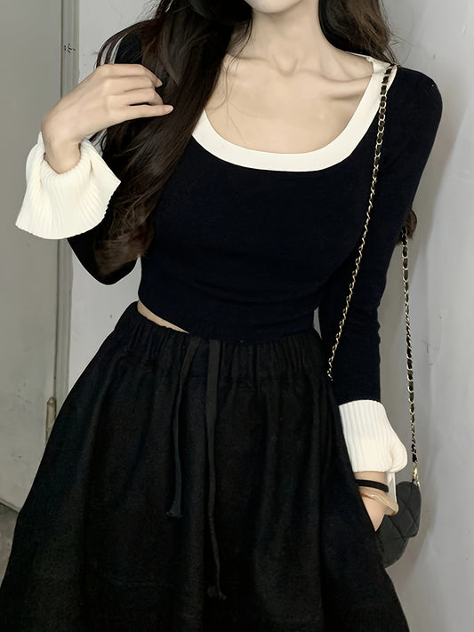 Sixsr Color Block Scoop Neck Knitted Top, Casual Tied Long Sleeve Crop Pullover Sweater, Women's Clothing