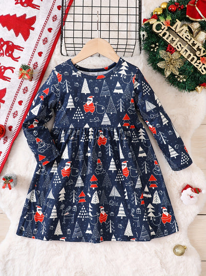 Adorable Reindeer Graphic Crew Neck Long Sleeve Dress for Kids - Soft, Comfortable, and Stylish Fall Christmas Outfit for Girls - Perfect for Holiday Parties and Casual Wear