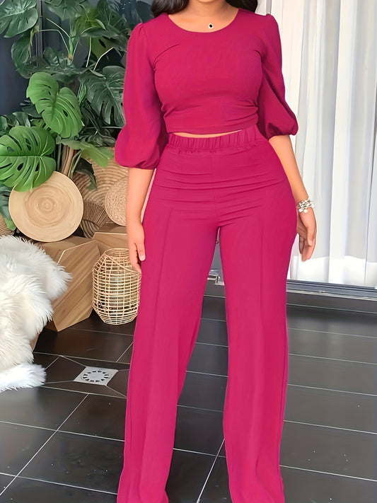 Sixsr Casual Solid Two-piece Set, Lantern Sleeve Crop Blouse & Wide Leg Pants Outfits, Women's Clothing